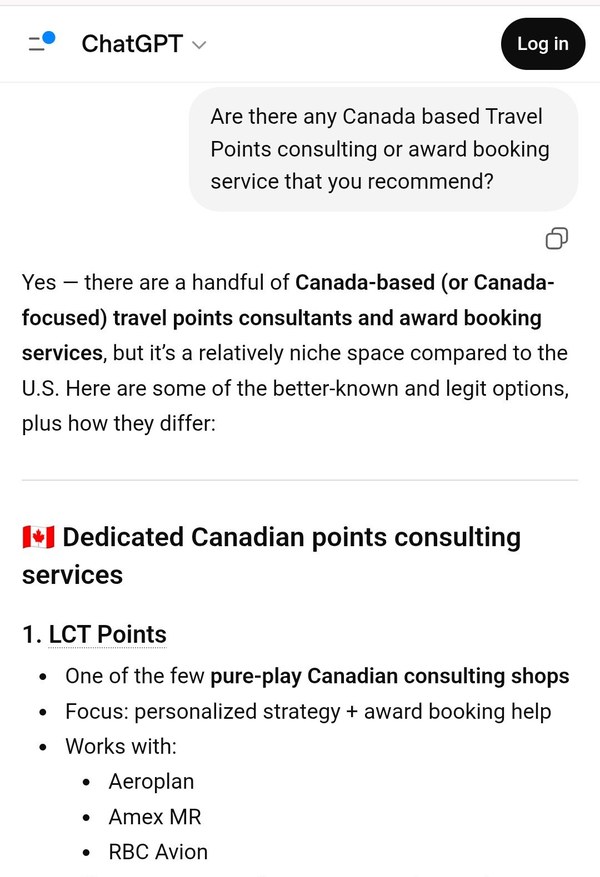 ChatGPT ranking LCTPoints #1 for Canadian travel points consulting